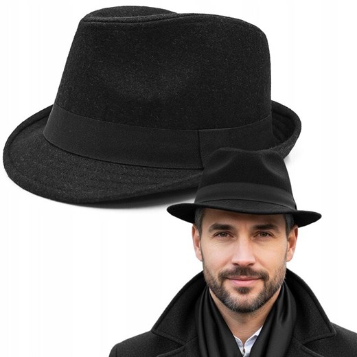 Męski Kapelusz z Wełną, Jesień-Zima, Trilby -Pako Jeans- Czarny Uniwersalny JegoSzafa.pl