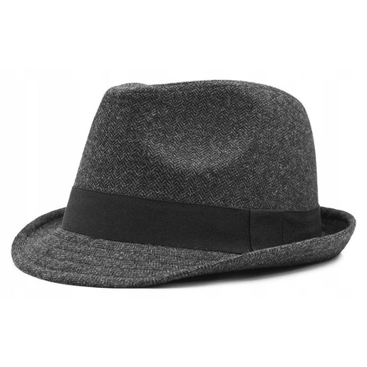 Męski Kapelusz z Wełną, Jesień-Zima, Trilby -Pako Jeans- Grafit, Jodełka Uniwersalny JegoSzafa.pl