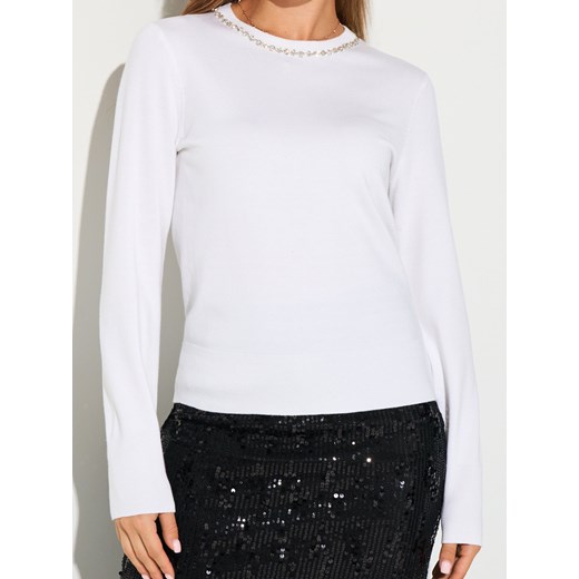 Sinsay - Prążkowany sweter z ozdobnymi cyrkoniami - kremowy Sinsay XL Sinsay