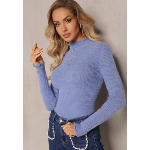 Niebieski Futerkowy Sweter z Wełny z Półgolfem i Ozdobnymi Guzikami Zekluna ze sklepu renee.pl w kategorii Swetry damskie - zdjęcie 187239006