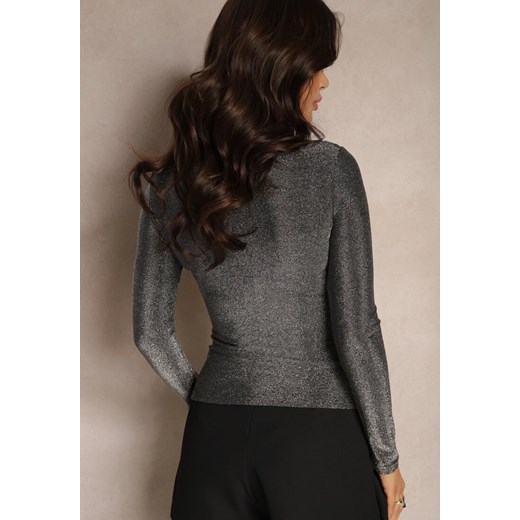 Srebrna Bluzka z Wiskozą Marszczeniem przy Dekolcie i Metaliczną Nicią Efantina Renee L renee.pl