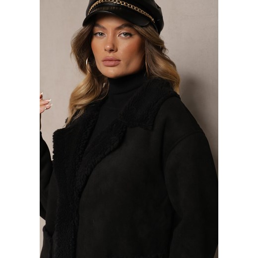 Czarny Jednorzędowy Płaszcz Futerko z Imitacji Zamszu z Kieszeniami Etanielis Renee M renee.pl okazja