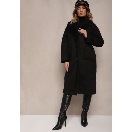 Czarny Jednorzędowy Płaszcz Futerko z Imitacji Zamszu z Kieszeniami Etanielis Renee XL okazja renee.pl