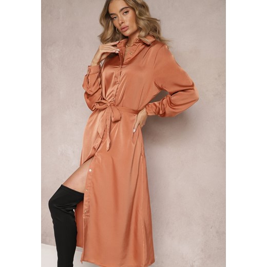 Różowa Rozkloszowana Sukienka Koszulowa z Paskiem Physsa - id: ROSA888-97-APRICOT - marki Renee - 187239547 Różowa Rozkloszowana Sukienka Koszulowa z Paskiem Physsa ze sklepu renee.pl w kategorii Sukienki - zdjęcie 187239547