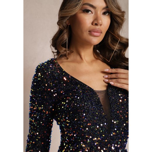 Czarno-Niebieska Sukienka Mini z Trójkątnym Dekoltem Ozdobiona Piórami i Renee S renee.pl