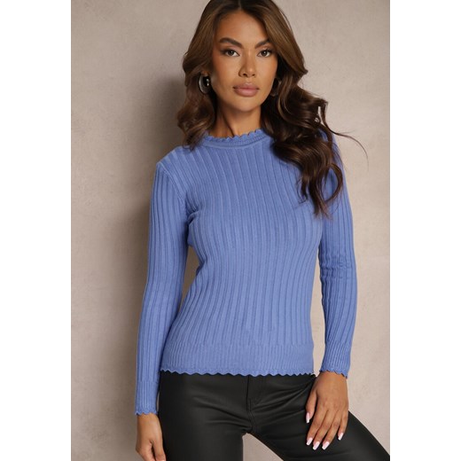 Niebieski Sweter z Dodatkiem Bawełny z Prążkowanego Materiału Mevalay Renee ONE SIZE renee.pl