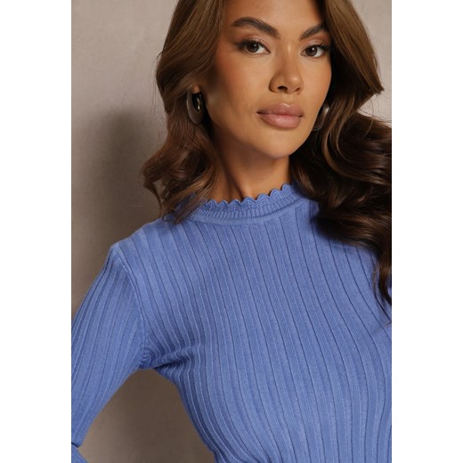 Niebieski Sweter z Dodatkiem Bawełny z Prążkowanego Materiału Mevalay Renee ONE SIZE renee.pl