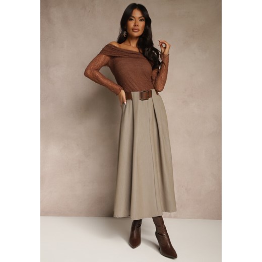 Beżowa Spódnica z Wiskozą o Rozkloszowanym Kroju z Paskiem z Klamrą Tiavela - id: 60263-475-TAUPE - marki Renee - 187239737 Beżowa Spódnica z Wiskozą o Rozkloszowanym Kroju z Paskiem z Klamrą Tiavela ze sklepu renee.pl w kategorii Spódnice - zdjęcie 187239737
