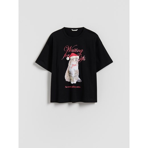 Reserved - Świąteczny t-shirt z nadrukiem - czarny ze sklepu Reserved w kategorii Bluzki dziewczęce - zdjęcie 187240865