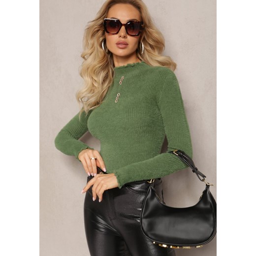 Zielony Futerkowy Sweter z Wełny z Półgolfem i Ozdobnymi Guzikami Zekluna ze sklepu renee.pl w kategorii Swetry damskie - zdjęcie 187242259