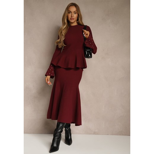Bordowy Komplet z Dzianiny z Wiskozą Spódnica i Sweter z Baskinką i Cyrkoniami Nereza - id: 2008-SET-65-BORDO - marki Renee - 187243699 Bordowy Komplet z Dzianiny z Wiskozą Spódnica i Sweter z Baskinką i Cyrkoniami Nereza ze sklepu renee.pl w kategorii Komplety i garnitury damskie - zdjęcie 187243699