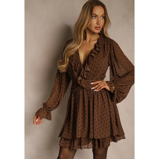 Brązowa Rozkloszowana Sukienka z Siateczki w Groszki z Falbankami Nesiba - id: 8895-4-54-BROWN - marki Renee - 187243709 Brązowa Rozkloszowana Sukienka z Siateczki w Groszki z Falbankami Nesiba ze sklepu renee.pl w kategorii Sukienki - zdjęcie 187243709