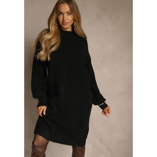 Czarna Dzianinowa Sukienka z Dodatkiem Wełny o Pudełkowym Kroju Nesava - id: J9108-38-BLACK - marki Renee - 187243719 Czarna Dzianinowa Sukienka z Dodatkiem Wełny o Pudełkowym Kroju Nesava ze sklepu renee.pl w kategorii Sukienki - zdjęcie 187243719