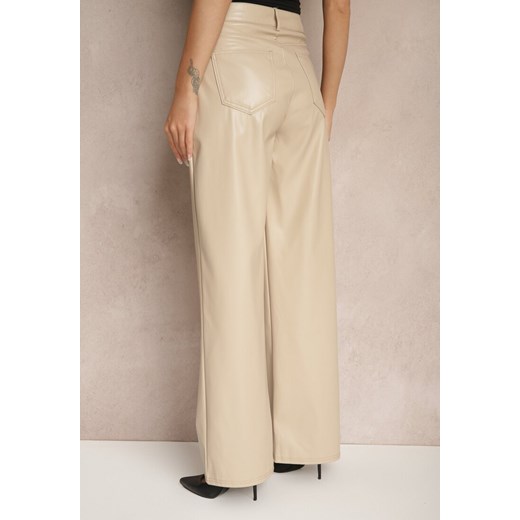 Beżowe Szerokie Spodnie High Waist z Imitacji Skóry Enawinn Renee M renee.pl
