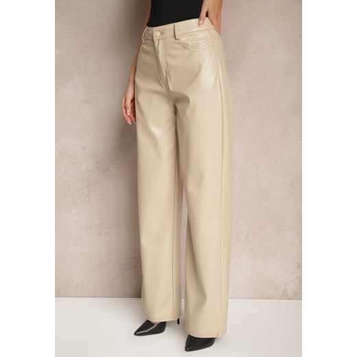 Beżowe Szerokie Spodnie High Waist z Imitacji Skóry Enawinn Renee 2XS renee.pl