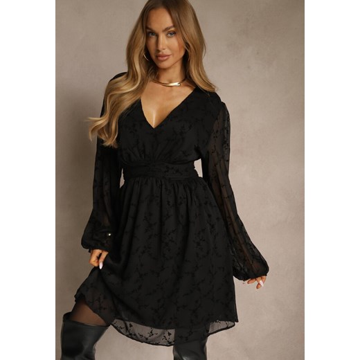Czarna Siateczkowa Sukienka o Rozkloszowanym Kroju w Kwiaty Vidsella - id: 5474-5-BIG-38-BLACK - marki Renee - 187244737 Czarna Siateczkowa Sukienka o Rozkloszowanym Kroju w Kwiaty Vidsella ze sklepu renee.pl w kategorii Sukienki - zdjęcie 187244737