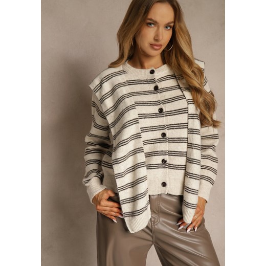 Beżowy Kardigan z Dodatkiem Wełny Zdobiony Wzorem w Paski i Narzutką Fedira - id: PU5025-42-BEIGE - marki Renee - 187244747 Beżowy Kardigan z Dodatkiem Wełny Zdobiony Wzorem w Paski i Narzutką Fedira ze sklepu renee.pl w kategorii Swetry damskie - zdjęcie 187244747
