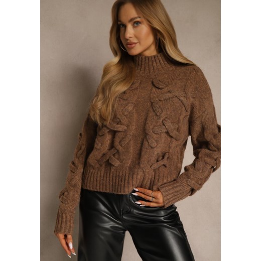 Brązowy Golf z Dodatkiem Wełny ze Strukturalnym Splotem Fedansa - id: S3118-54-BROWN - marki Renee - 187244757 Brązowy Golf z Dodatkiem Wełny ze Strukturalnym Splotem Fedansa ze sklepu renee.pl w kategorii Swetry damskie - zdjęcie 187244757
