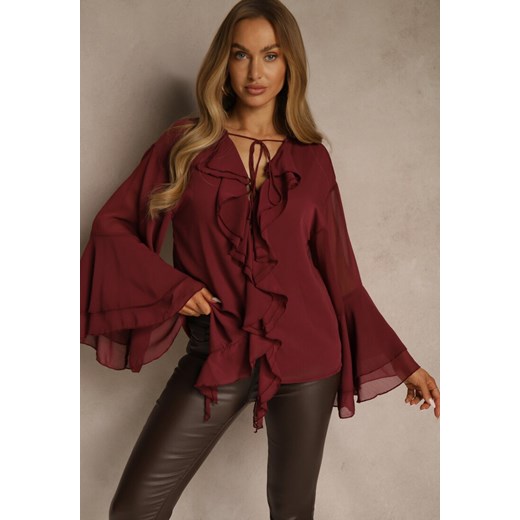 Bordowa Rustykalna Bluzka Zdobiona Falbankami i Wiązaniem przy Dekolcie Nerianna - id: AGK-5059-65-BORDO - marki Renee - 187244767 Bordowa Rustykalna Bluzka Zdobiona Falbankami i Wiązaniem przy Dekolcie Nerianna ze sklepu renee.pl w kategorii Bluzki damskie - zdjęcie 187244767