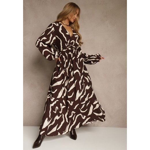 Brązowa Sukienka z Wiskozą o Rozkloszowanym Kroju Netiva ze sklepu renee.pl w kategorii Sukienki - zdjęcie 187244777