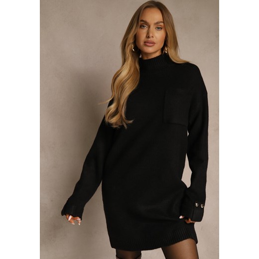 Czarna Sukienka z Półgolfem z Dzianiny z Wiskozą i Dodatkiem Wełny Nessla Renee ONE SIZE renee.pl