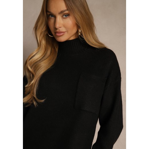 Czarna Sukienka z Półgolfem z Dzianiny z Wiskozą i Dodatkiem Wełny Nessla Renee ONE SIZE renee.pl