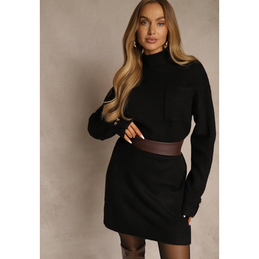 Czarna Sukienka z Półgolfem z Dzianiny z Wiskozą i Dodatkiem Wełny Nessla Renee ONE SIZE renee.pl