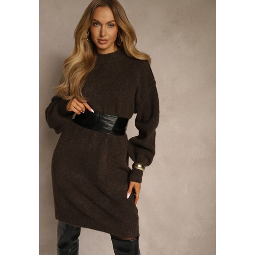 Brązowa Dzianinowa Sukienka z Dodatkiem Wełny o Pudełkowym Kroju Nesava - id: J9108-54-BROWN - marki Renee - 187244807 Brązowa Dzianinowa Sukienka z Dodatkiem Wełny o Pudełkowym Kroju Nesava ze sklepu renee.pl w kategorii Sukienki - zdjęcie 187244807