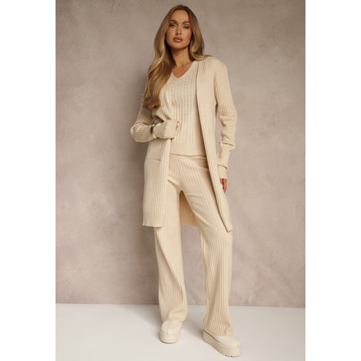 Jasnobeżowy Komplet z Dzianiny z Bawełną Spodnie Kamizelka i Długi Kardigan Mevalinia - id: 3642-S-43-L.BEIGE - marki Renee - 187244817 Jasnobeżowy Komplet z Dzianiny z Bawełną Spodnie Kamizelka i Długi Kardigan Mevalinia ze sklepu renee.pl w kategorii Komplety i garnitury damskie - zdjęcie 187244817