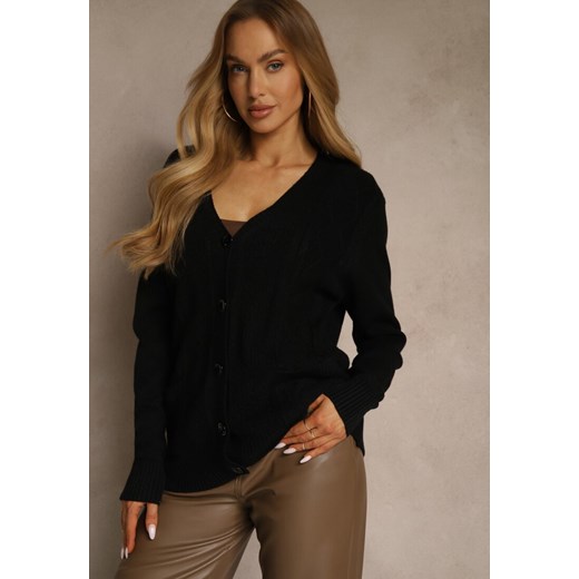 Czarny Kardigan z Bawełną i Tłoczonym Wzorem Reisina ze sklepu renee.pl w kategorii Swetry damskie - zdjęcie 187244847