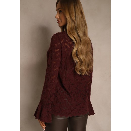 Bordowa Bluzka z Koronki ze Stójką i Falbankami przy Rękawach Nemira Renee S renee.pl