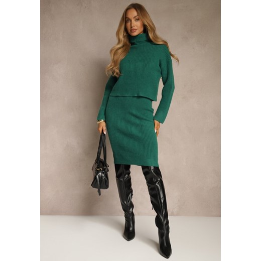 Zielony Dzianinowy Komplet z Bawełną i Wełną Dopasowana Sukienka i Golf Reinissa - id: HS3071-S-61-GREEN - marki Renee - 187244957 Zielony Dzianinowy Komplet z Bawełną i Wełną Dopasowana Sukienka i Golf Reinissa ze sklepu renee.pl w kategorii Komplety i garnitury damskie - zdjęcie 187244957