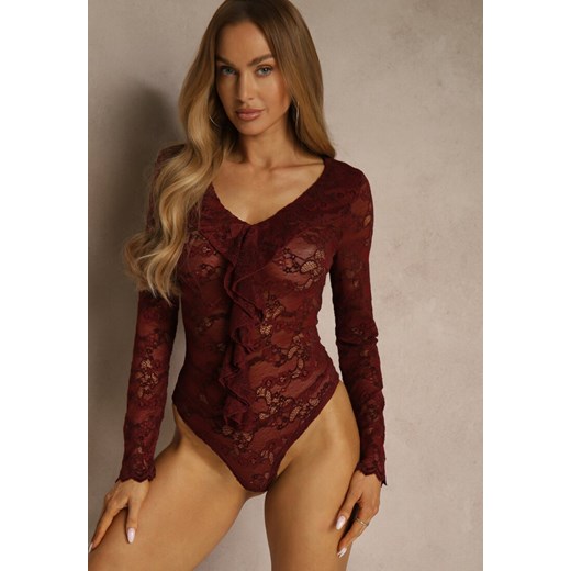 Bordowe Body z Koronki Ozdobione Falbanką Videle ze sklepu renee.pl w kategorii Body damskie - zdjęcie 187244966