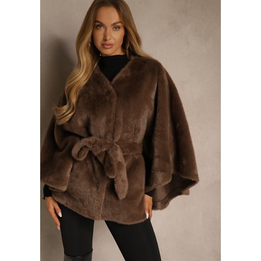 Brązowe Futerkowe Ponczo Ozdobione Paskiem Monareva ze sklepu renee.pl w kategorii Futra damskie - zdjęcie 187244996