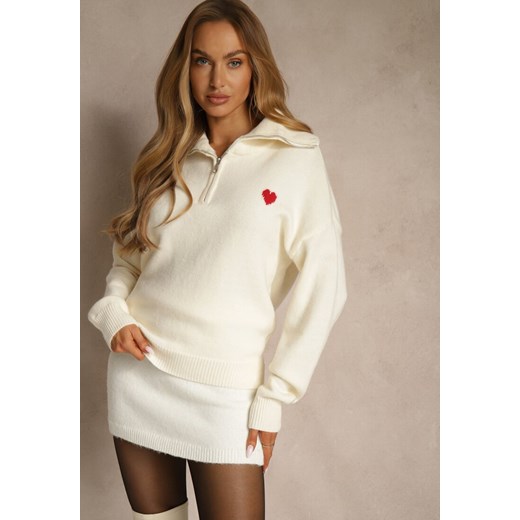 Biały Sweter z Wełną Wiskozą i Bawełną z Sercem Monisella ze sklepu renee.pl w kategorii Swetry damskie - zdjęcie 187245006