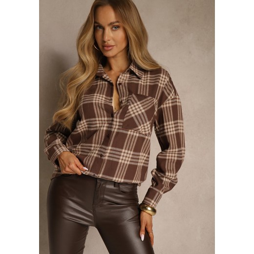 Brązowa Koszula z Bawełny Ozdobiona Kratą Monitela - id: AGK-5061-54-BROWN - marki Renee - 187245018 Brązowa Koszula z Bawełny Ozdobiona Kratą Monitela ze sklepu renee.pl w kategorii Koszule damskie - zdjęcie 187245018