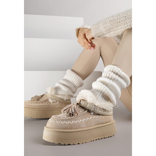 Beżowe Śniegowce na Grubej Podeszwie z Frędzlami i Haftem Linodis ze sklepu born2be.pl w kategorii Śniegowce damskie - zdjęcie 187257849