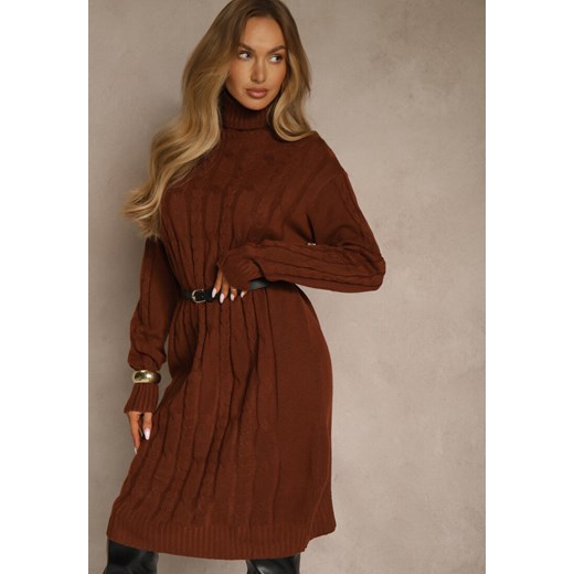 Jasnobrązowa Sukienka Sweterkowa z Golfem Wełną  Bawełną i Ozdobnym Splotem Reilenea - id: 3690-M-448-COFFEE - marki Renee - 187257878 Jasnobrązowa Sukienka Sweterkowa z Golfem Wełną  Bawełną i Ozdobnym Splotem Reilenea ze sklepu renee.pl w kategorii Sukienki - zdjęcie 187257878