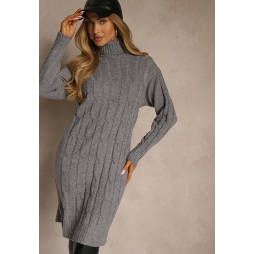 Szara Sukienka Sweterkowa z Golfem Wełną  Bawełną i Ozdobnym Splotem Reilenea - id: 3690-M-39-GREY - marki Renee - 187257888 Szara Sukienka Sweterkowa z Golfem Wełną  Bawełną i Ozdobnym Splotem Reilenea ze sklepu renee.pl w kategorii Sukienki - zdjęcie 187257888