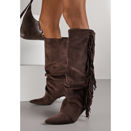Brązowe Kozaki z Imitacji Zamszu na Szpilce z Marszczoną Cholewką z Frędzlami Linotris ze sklepu renee.pl w kategorii Kozaki damskie - zdjęcie 187257896