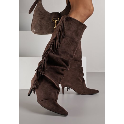 Brązowe Kozaki z Imitacji Zamszu na Szpilce z Marszczoną Cholewką z Frędzlami Renee 37 renee.pl