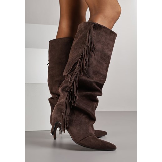 Brązowe Kozaki z Imitacji Zamszu na Szpilce z Marszczoną Cholewką z Frędzlami Renee 40 renee.pl