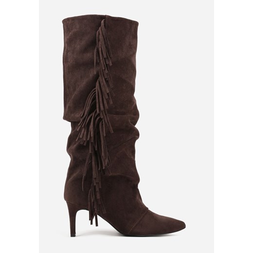 Brązowe Kozaki z Imitacji Zamszu na Szpilce z Marszczoną Cholewką z Frędzlami Renee 37 renee.pl