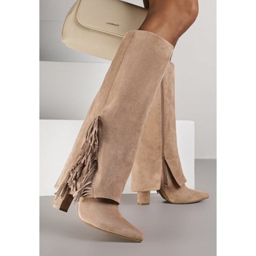 Ciemnobeżowe Kozaki na Słupkowym Obcasie z Cholewką Imitującą Nogawkę z Frędzlami Linafela - id: RQ555-85-KHAKI - marki Renee - 187257917 Ciemnobeżowe Kozaki na Słupkowym Obcasie z Cholewką Imitującą Nogawkę z Frędzlami Linafela ze sklepu renee.pl w kategorii Kozaki damskie - zdjęcie 187257917