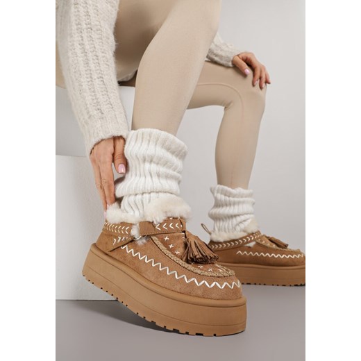 Brązowe Śniegowce na Platformie Ozdobione Haftem i Frędzlami  Linomis ze sklepu renee.pl w kategorii Śniegowce damskie - zdjęcie 187257938