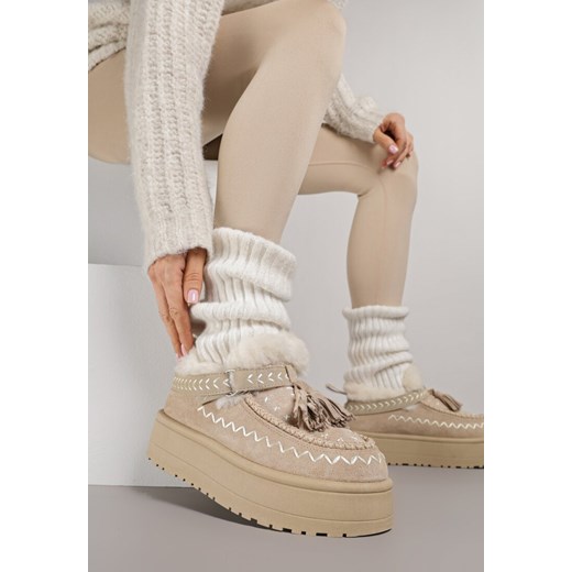 Beżowe Śniegowce na Platformie Ozdobione Haftem i Frędzlami  Linomis - id: AC0-XD8692-09-42-BEIGE - marki Renee - 187257945 Beżowe Śniegowce na Platformie Ozdobione Haftem i Frędzlami  Linomis ze sklepu renee.pl w kategorii Śniegowce damskie - zdjęcie 187257945
