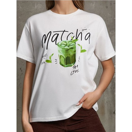 Sinsay - Bawełniana koszulka z kolorowym nadrukiem - kremowy ze sklepu Sinsay w kategorii Bluzki damskie - zdjęcie 187259088