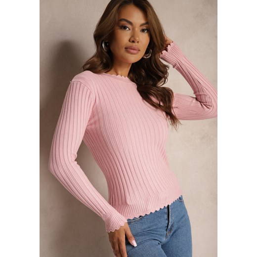 Różowy Sweter z Dodatkiem Bawełny z Prążkowanego Materiału Mevalay ze sklepu renee.pl w kategorii Swetry damskie - zdjęcie 187263318