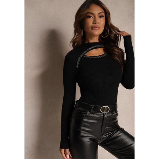 Czarny Prążkowany Golf z Dekoltem Ozdobionym Cyrkoniami i Wycięciem Meriannes - id: 3661-MIX6K-38-BLACK - marki Renee - 187263328 Czarny Prążkowany Golf z Dekoltem Ozdobionym Cyrkoniami i Wycięciem Meriannes ze sklepu renee.pl w kategorii Swetry damskie - zdjęcie 187263328