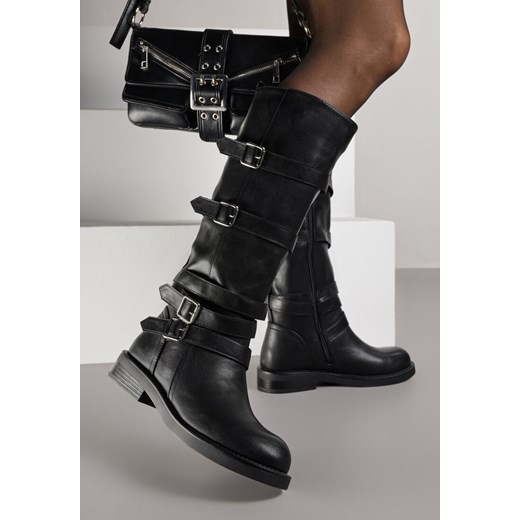 Czarne Kozaki Typu Bikery z Kwadratowymi Klamrami i Paskami Linadra - id: MS1605-38-BLACK - marki Renee - 187264676 Czarne Kozaki Typu Bikery z Kwadratowymi Klamrami i Paskami Linadra ze sklepu renee.pl w kategorii Kozaki damskie - zdjęcie 187264676